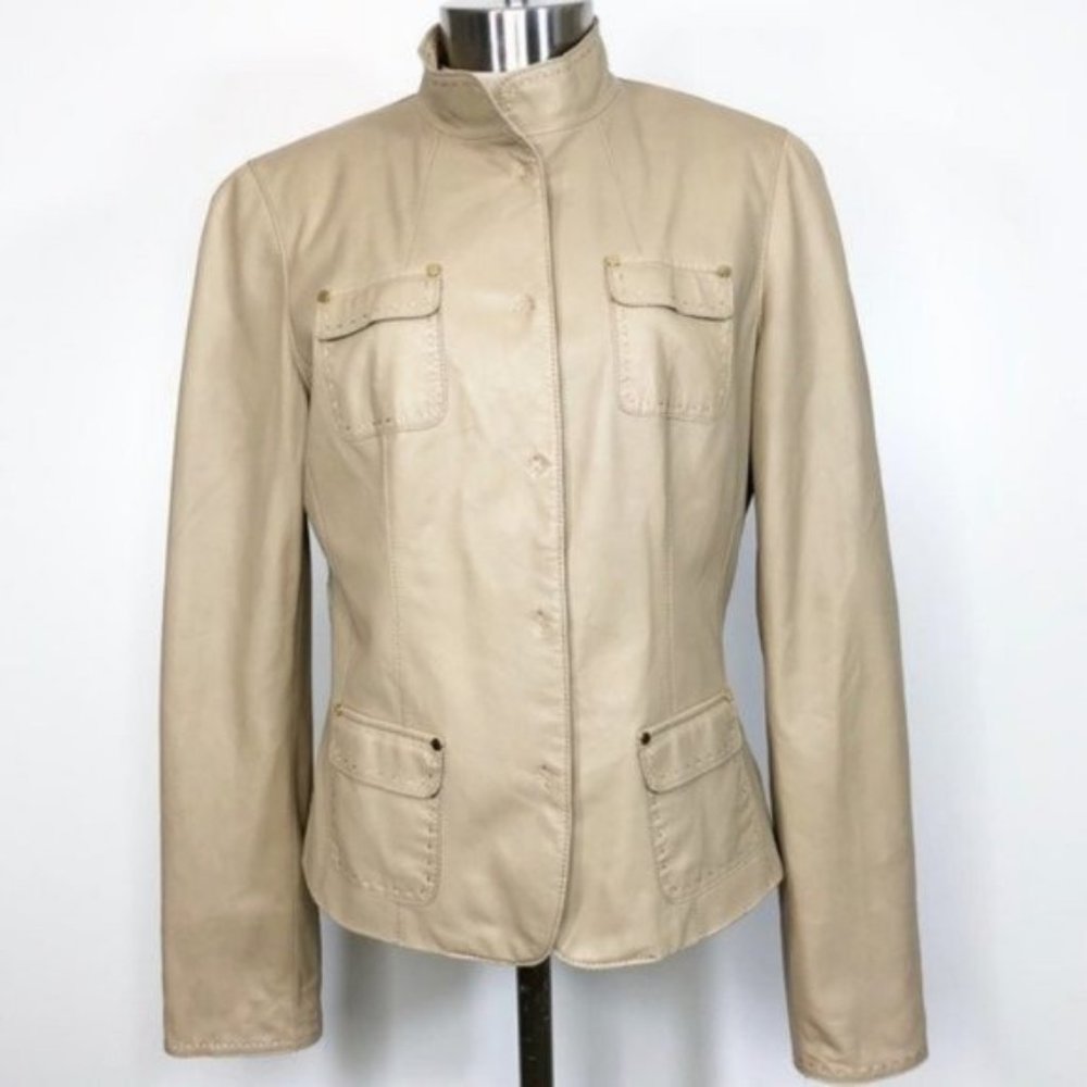 ELIE TAHARI Button Snap Pocket Detail Butter Soft Leather Blazer Jacket Size M